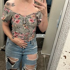 Sage green floral milkmaid cottage core top